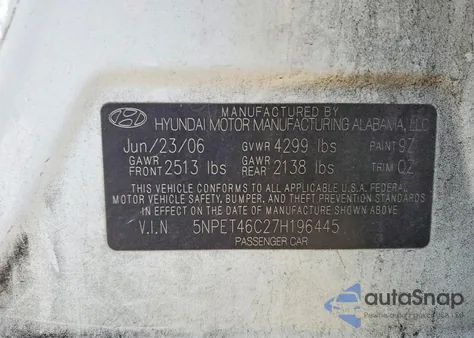 2007 Hyundai Sonata Gls z USA, uszkodzony, nr VIN 5NPET46C27H196445